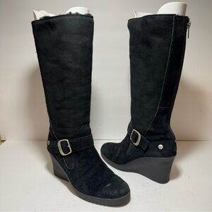 UGG Seline Wedge Boots Black Suede  Sheepskin Lining Winter Women’s Size 5